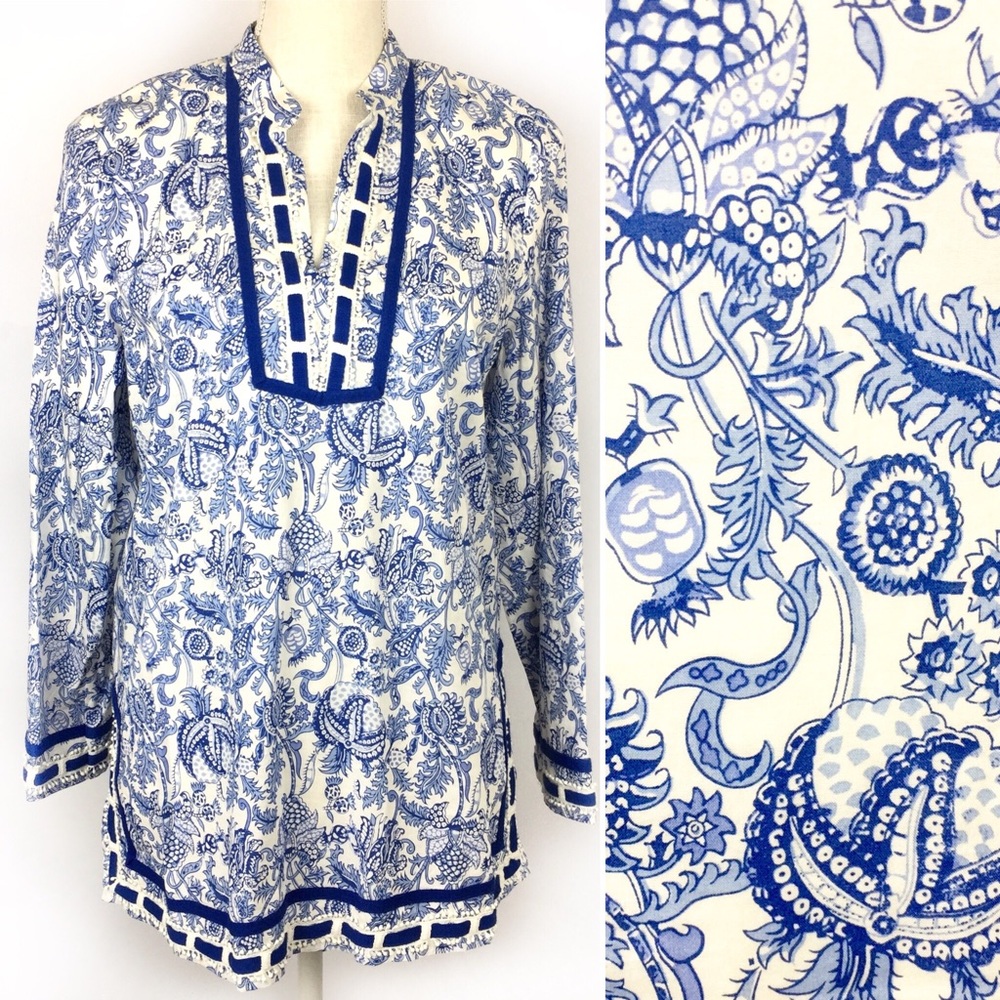 St. Tropez West Blue & White Tunic Top Sz M NWT
